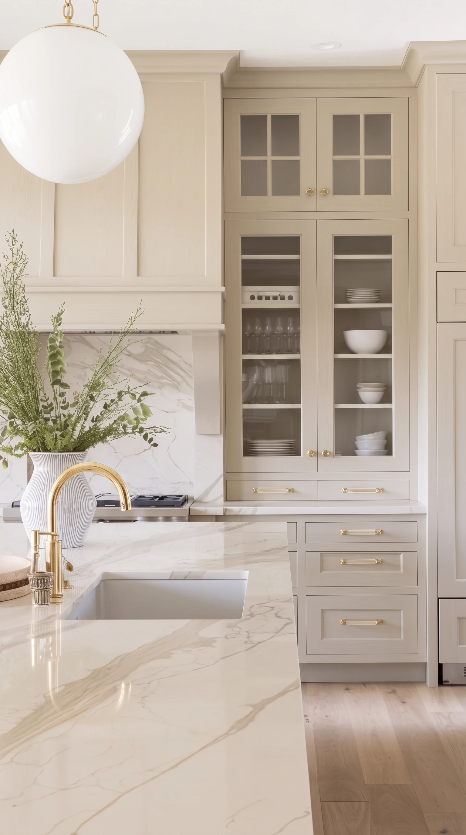 A greige painted kitchen with glass fronted cabinets, brass hardware and a calacatta marble island